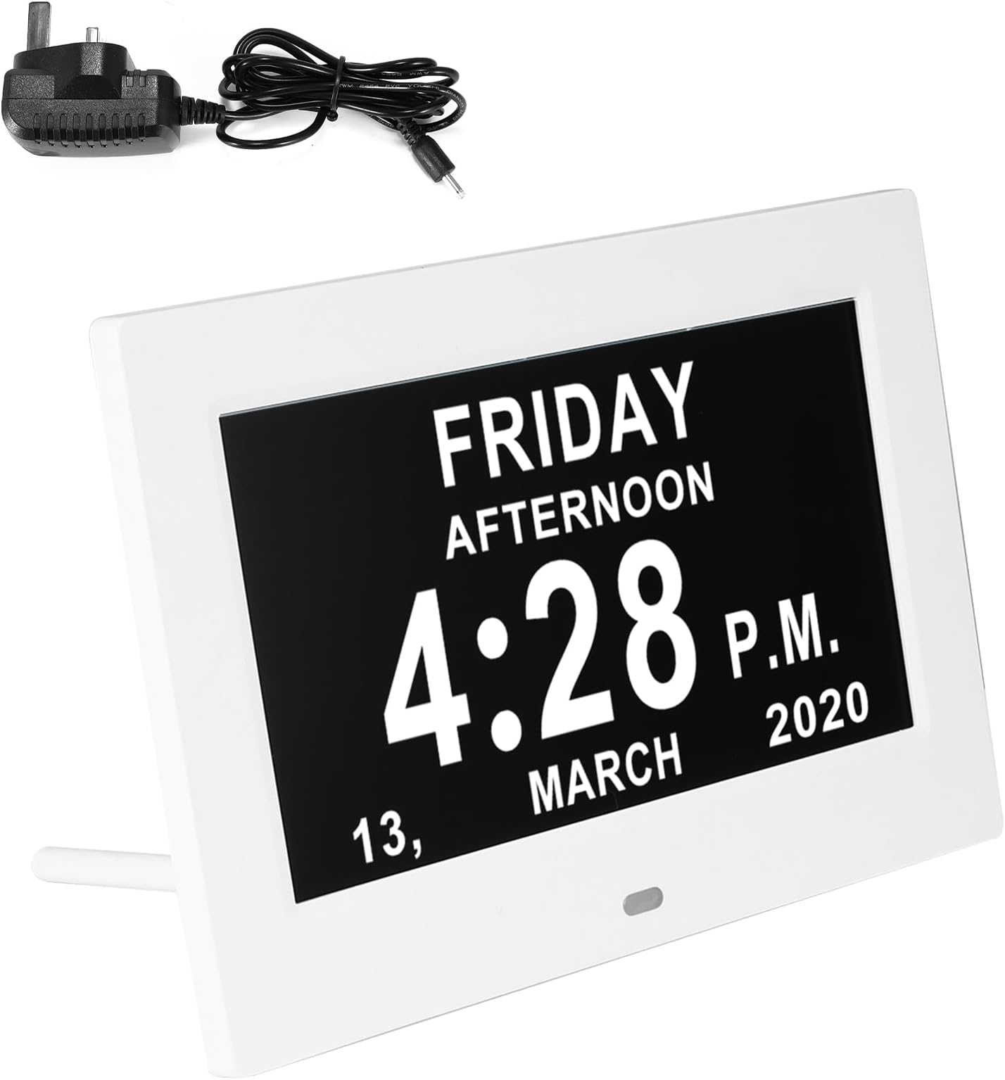 Digital Day Calendar Alarm Clock, 7 Inch Large Display Dementia Impaired Vision Clocks for Memory Loss Seniors, Electronic Wall Calendar LED LCD Screen Clock with Day and Date (White)