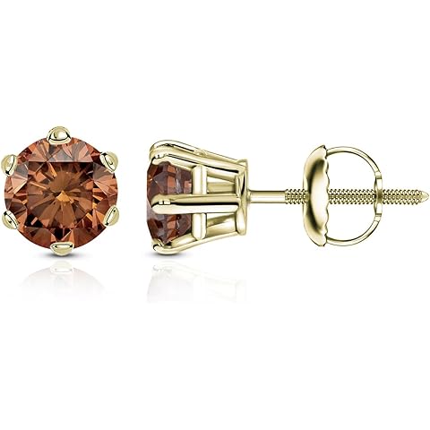 14k Yellow Gold Round Brown Diamond 6-Prong Basket Stud Earrings (1/4-2 ct, Brown, SI2-I1) Screw-Back
