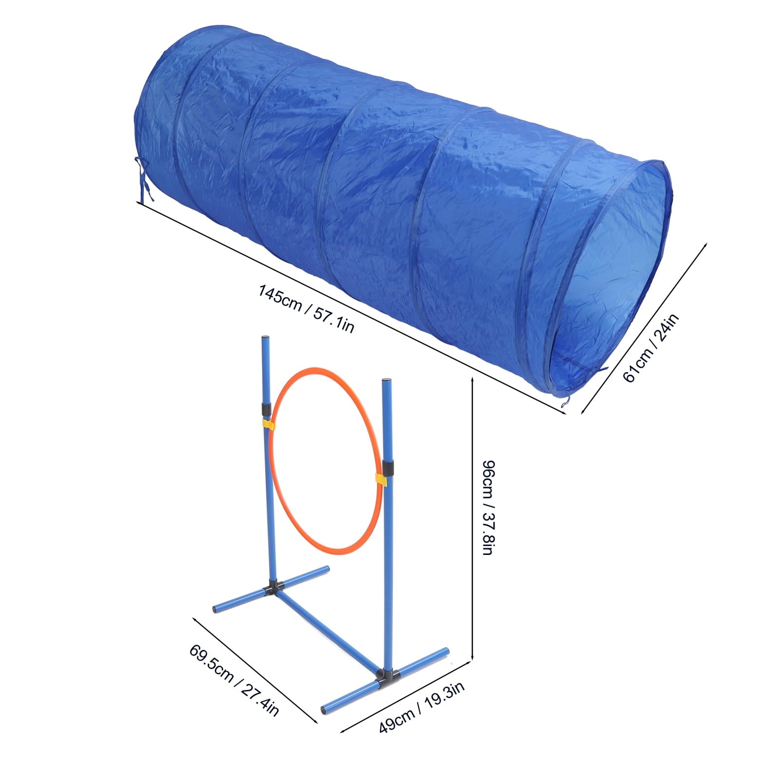 Hunde-Agility-Trainingsausrüstung, zusammenklappbarer Tunnel und Sprungringstangen, hochwertige ABS- und Polyesterfaser, für den Hof- und Außenbereich, 61 x 61 x 145 cm großer