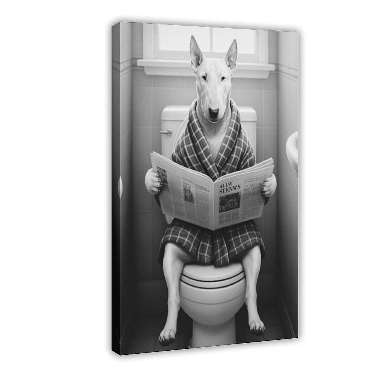 Mghdgd Bull Terrier On Toilet Reading Newspaper Canvas Poster Bedroom Decor Landscape Office Room Decor Gift 16X24inch(40X60cm)