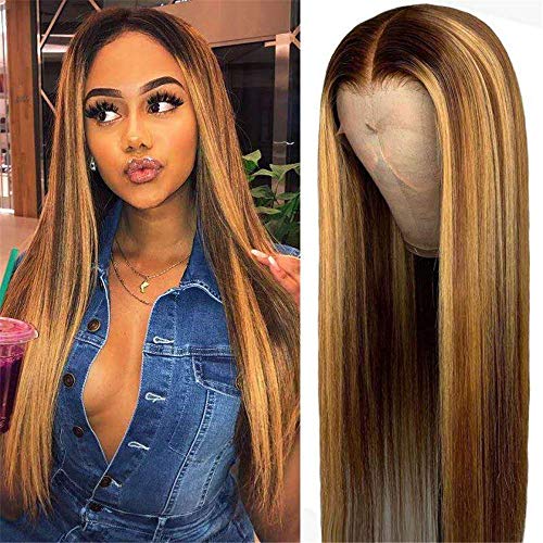 Highlights Ombre Honey Blonde T Part Lace Front Wigs with Baby Hair for Women Pre Plucked Brazilian Virgin Straight Human Hair Middle Part Wig 150% Density 16 Inch