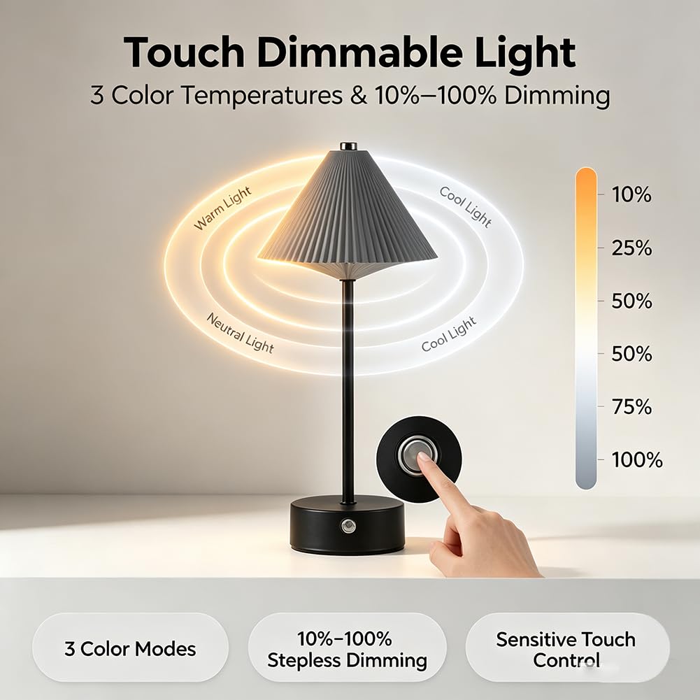 Lampada da Tavolo Touch Control Alimentata a Batteria Ricaricabile in Alluminio Lampada da Comodino Regolabile per Interni Illuminazione da Tavolo a Batteria Ricaricabile Senza Cavi,Grigio