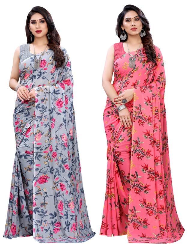SIRILWomen's Georgette Printed Saree With Unstitched Blouse Piece Combo Pack Of 2