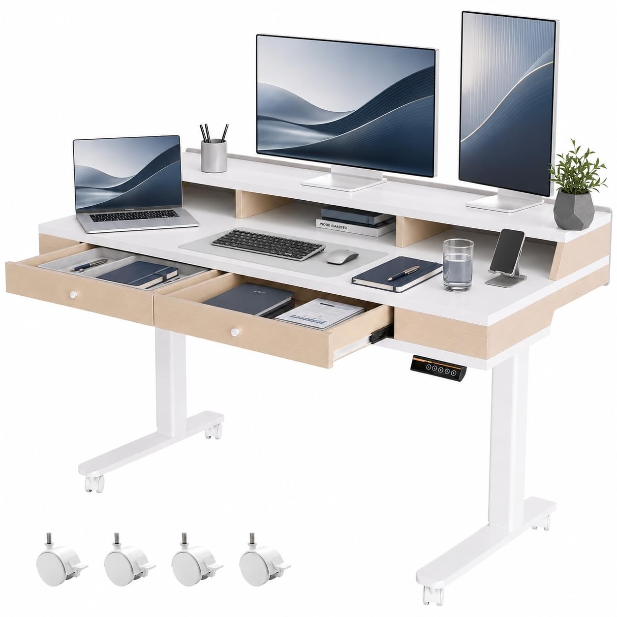 Claiks Standing Desk with Double Drawer and Montier Stand, 55 inch