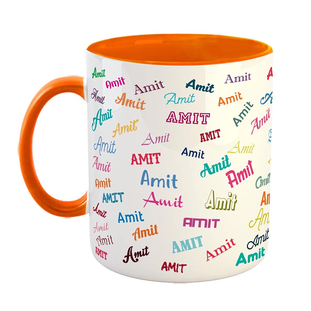 FurnishFantasy Personalised Happy Birthday Ceramic Coffee Mug - Best Birthday Gift for Son, Daughter, Brother, Sister, Gift for Kids, Return Gift - Color - Orange, Name - Amit