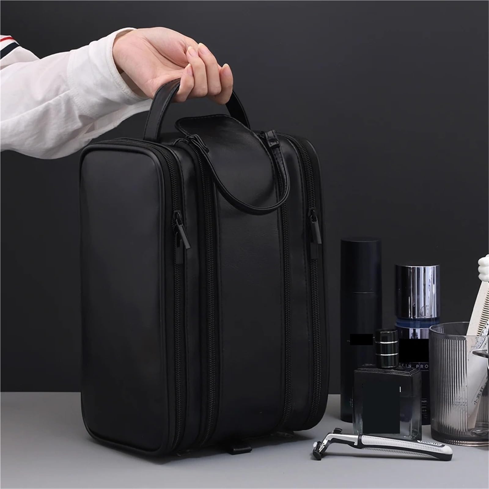 Borsa Toilette da Viaggio Borsa da toilette multitasche in PU for donne e uomini, essenziale viaggio, borsa for il trucco, impermeabile appendere, organizer for cosmetici lavaggio(Brown)