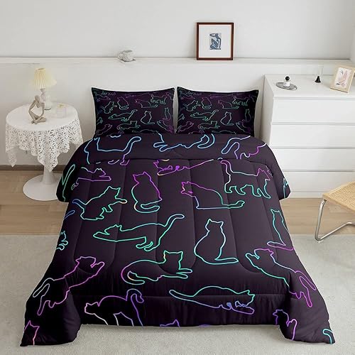 Erosebridal Juego de ropa de cama de animales tamaño matrimonial, juego de edredón de gato neón degradado, juegos de ropa de cama y colecciones de
