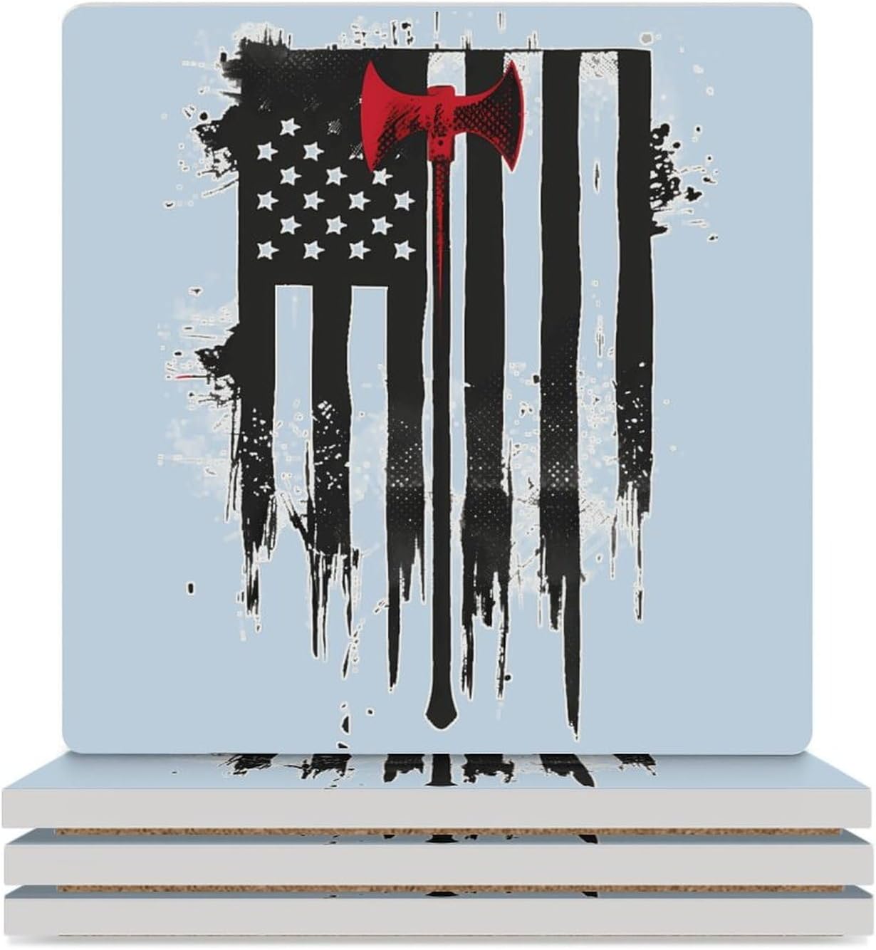 U.S Flag Thins Red Linees Fireman Axe Coaster for Drinks Square Ceramic Table Coasters Stone Mat Crafts 4PCS Home Kitchen Decor