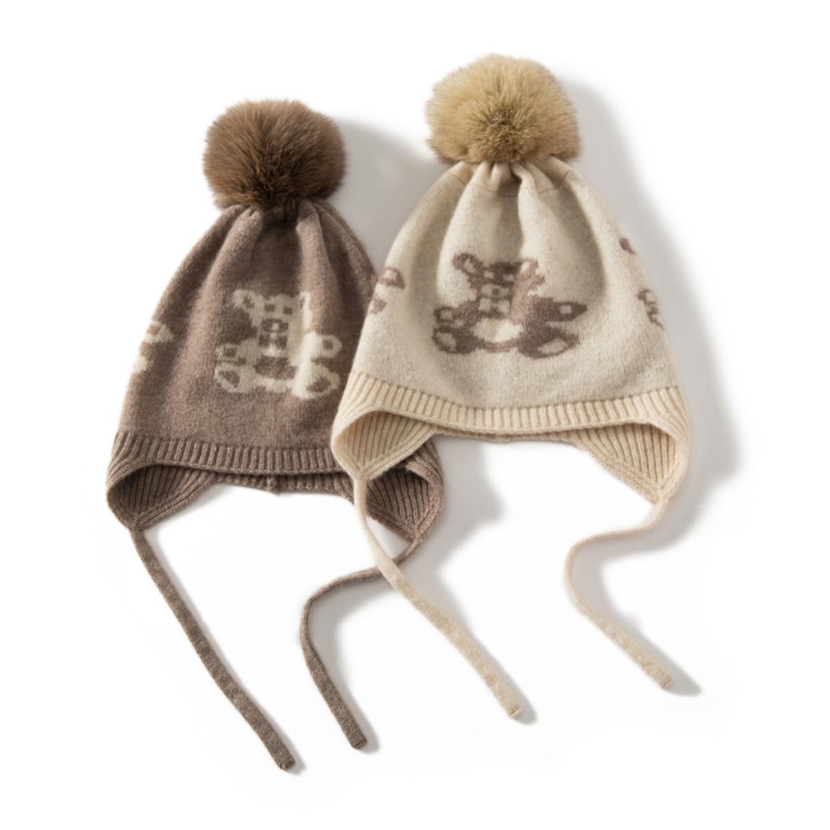 Gorro Beanie con Orejeras de Punto 100% Cachemira para Niños Niñas de 3 a 8 años, Invierno Sombrero Suave y Cálido con Pompón Desmontable, Lindo Earflap Gorro Tejido para Esquí Deporte