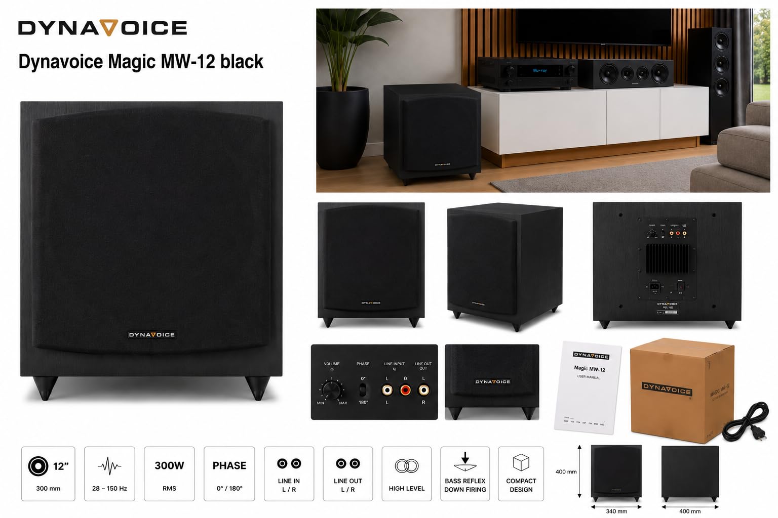 DYNAVOICE Magic MW-12 Nero Opaco Subwoofer Attivo 12 Pollici 180W RMS 250W Max Bass Reflex Inferiore Controllo Fase e Low Pass Ingressi RCA e Alto Livello per Home Cinema e HiFi