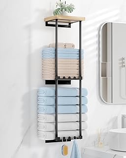 HapiRm Handtuchregal Ohne Bohren Badetuchhalter- Handtuchhalter Wand Montage, Handtuchständer mit Ablage, Handtuchhalter Bad, Handtuch Aufbewahrung Bad, Gästehandtuchhalter mit 6 Handtuchhaken