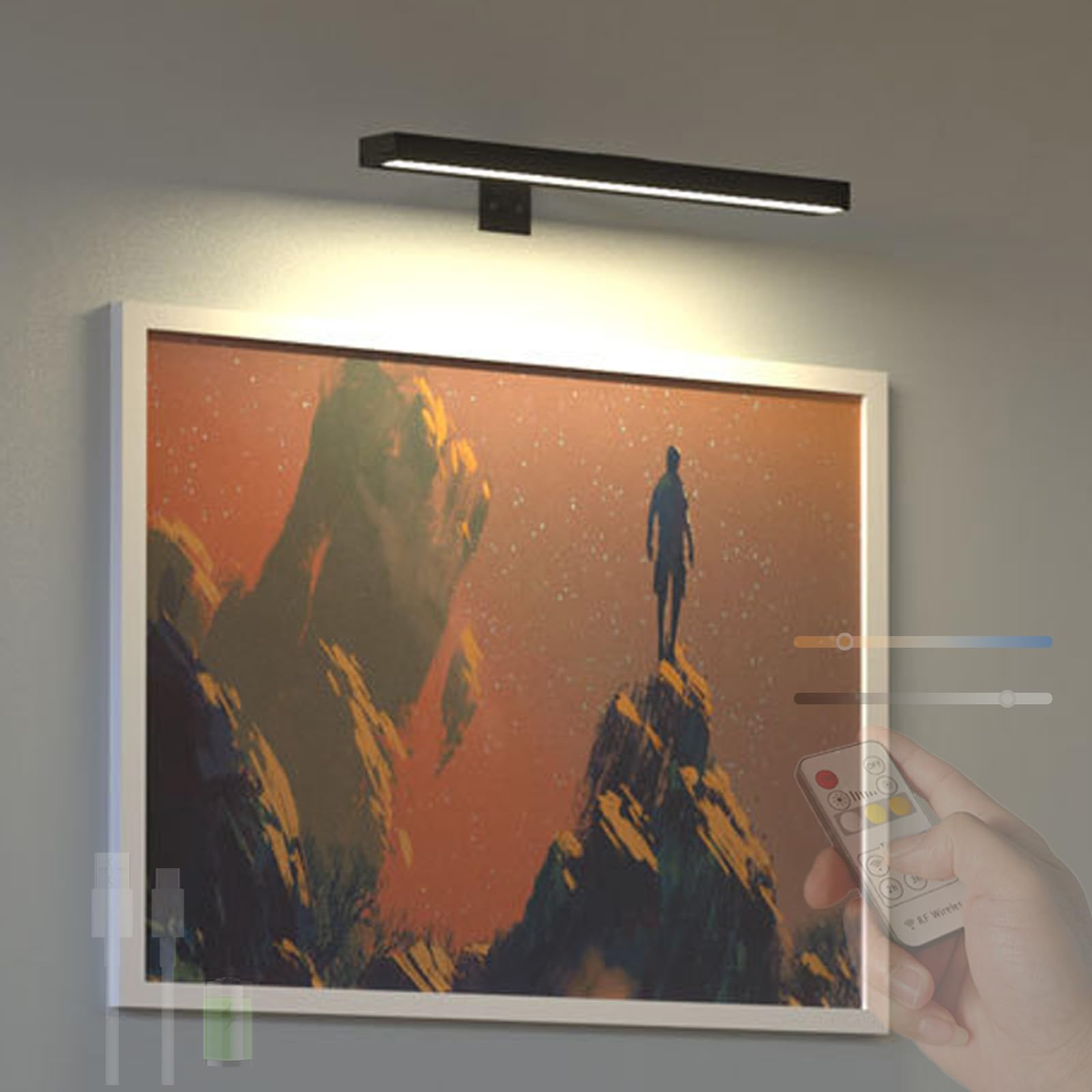 Inalámbrica LED Apliques de Pared USB Recargable Lámpara de Pared con Mando Distancia Iluminación de Pared Control Táctil Regulable 2700K/4500K/6500K para Pintura Galería Diana (1 Pieza,40cm)
