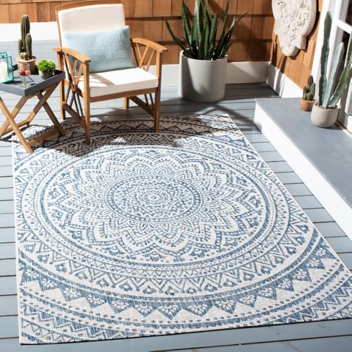 SAFAVIEH Courtyard Collection 6'7" x 9'6" Ivory/Navy CY8734 Indoor/ Outdoor Waterproof Easy Cleaning Patio Backyard Mudroom Area Rug