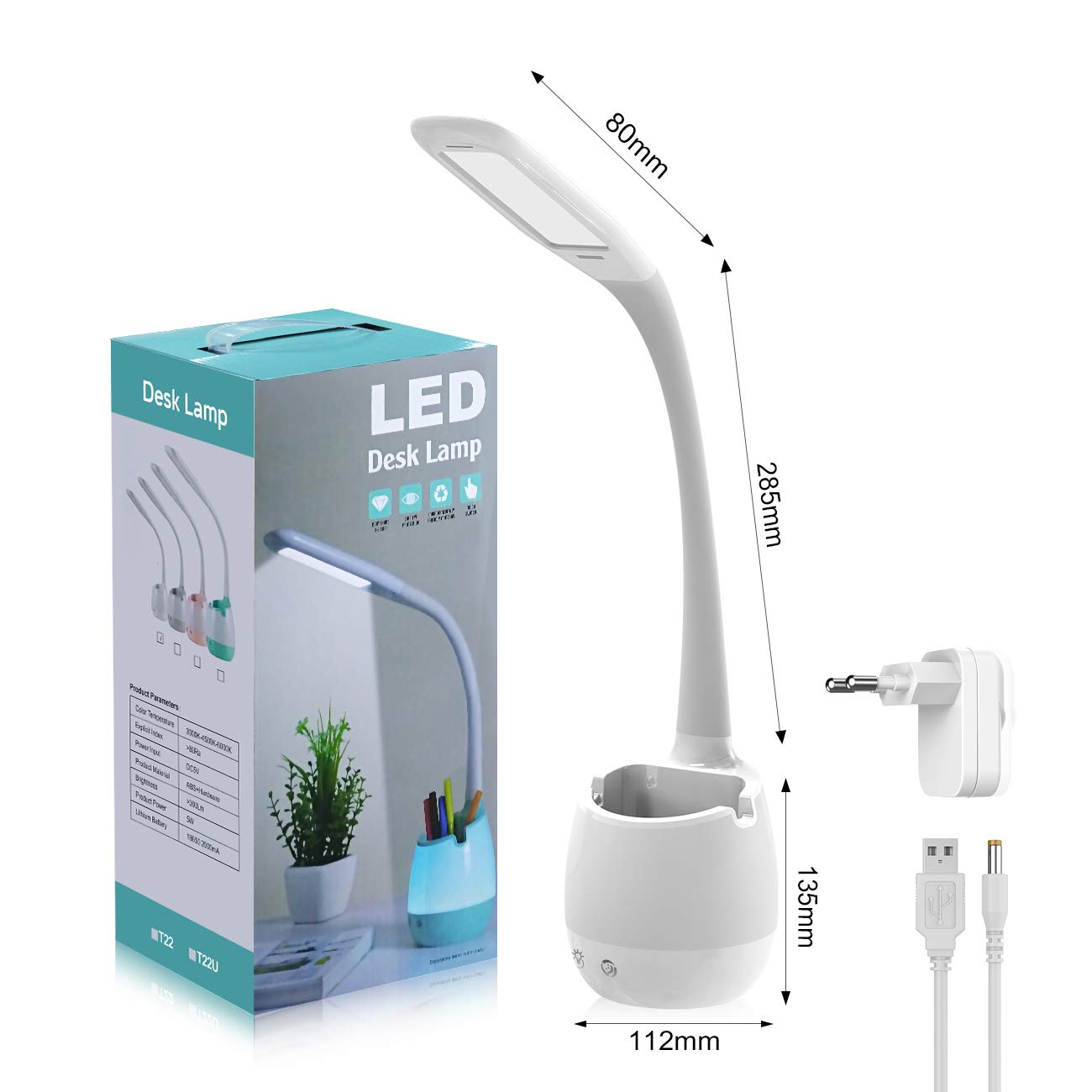 ERAY Lampe de Bureau Enfant, Lampe de Table D'étude Eye Caring avec Porte-Crayon/Batterie 2000mAh/8 Veilleuse Colorée/3 Modes/3 Niveaux de Luminosité/Contrôle Tactile, Lampe de Chevet pour Enfants
