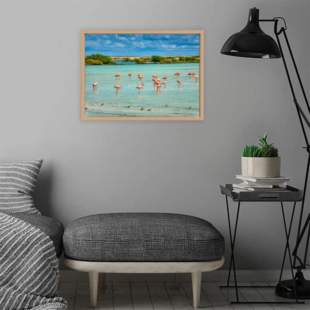 VERRE ART Wooden Floater Framed Canvas - Wall Decor for Living Room, Bedroom, Office, Hotels, Drawing Room (22in X14in) - Flamingo Birds On Bonaire Beach