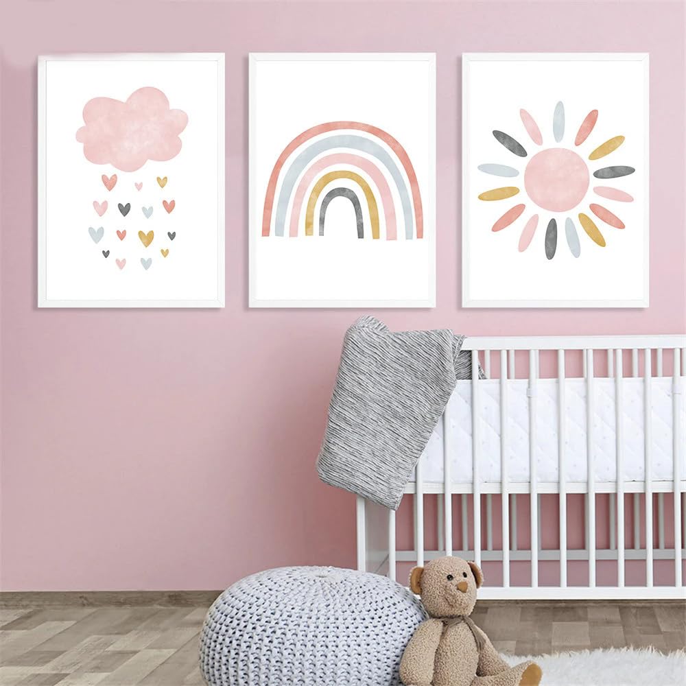 ODENGIE Child Canvas Print Pink Cartoon Cloud Sun Rainbow Wall Art Painting Nursery Poster Nordic Wall Pictures For Baby Kids Room Decor 30x40cmx3 pcs No frame