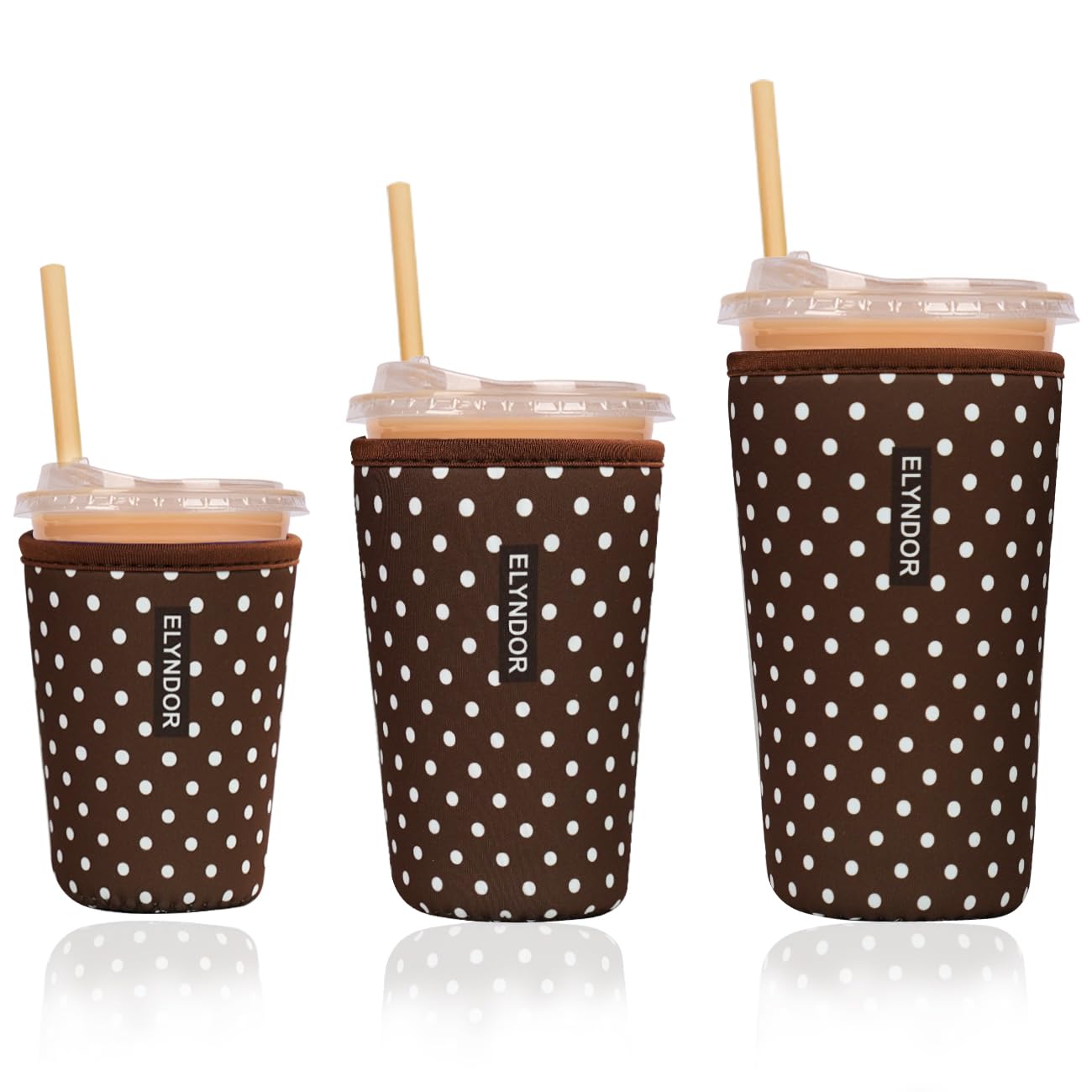 Reusable Insulated Sleeve for Iced Coffee Cup, 3-Pack Coffee Neoprene Drink Sleeve for Cold &amp; Hot Drinks, Beverage Holder for Iced Coffee (Brown Polka Dots)