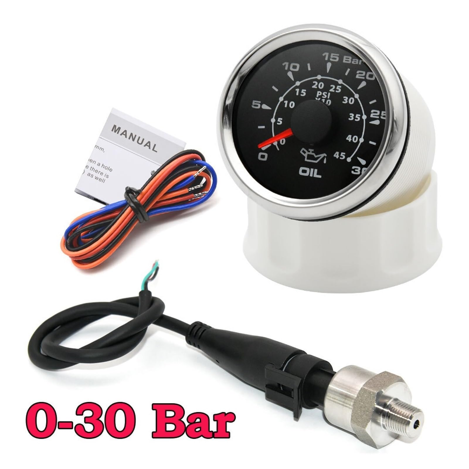 Ciśnieniomierz, 7-kolorowy podświetlany wskaźnik ciśnienia oleju 0-30Bar 0-450PSI 1/8NPT 150PSI czujnik do łodzi samochodowej(0-30Bar Black)
