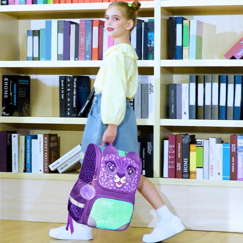 UFNDC 3PCS Kids Backpack for Girls, 15" Sequin Bookbag with Lunch Box, Leopard School Bag Set for Elementary Preschool Toddler - Image 2