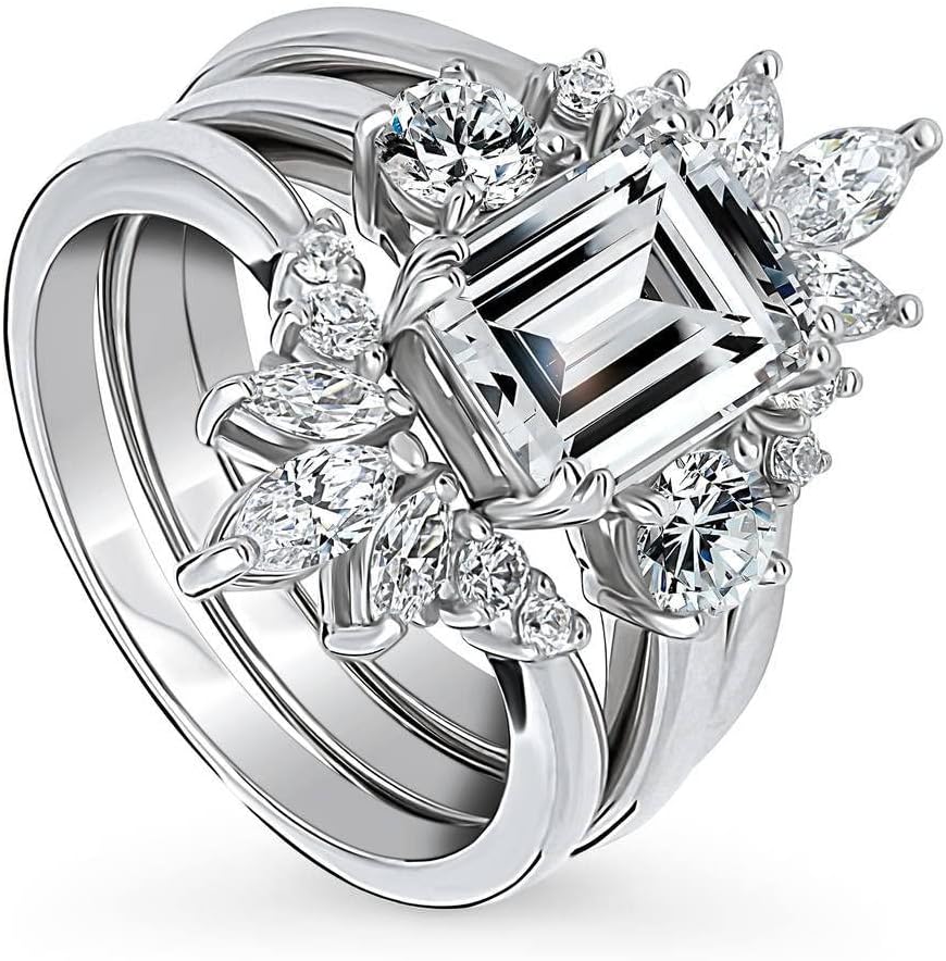 BERRICLE Sterling Silver 3-Stone Wedding Engagement Rings 2.6 Carat Emerald Cut Cubic Zirconia CZ Flower Ring Set for Women, Rhodium Plated