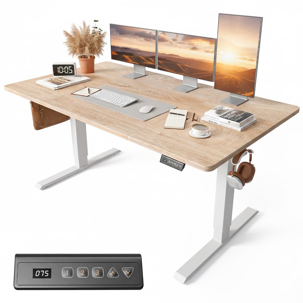 FEZIBO Electric Standing Desk 160 x 80 cm, Height Adjustable Sit Stand Desk with 3 Memory Presets, Home Office Computer Desk, White Frame with Oak Top