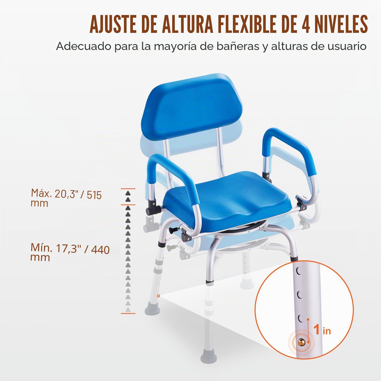VEVOR Silla de Ducha Giratoria 360 ​​Grados con Brazos Pivotantes para Ducha o Bañera Interior, Silla Bañera Antideslizante para Personas Mayores Discapacitadas, Capacidad 135 kg, 530 x 520 x 850 mm