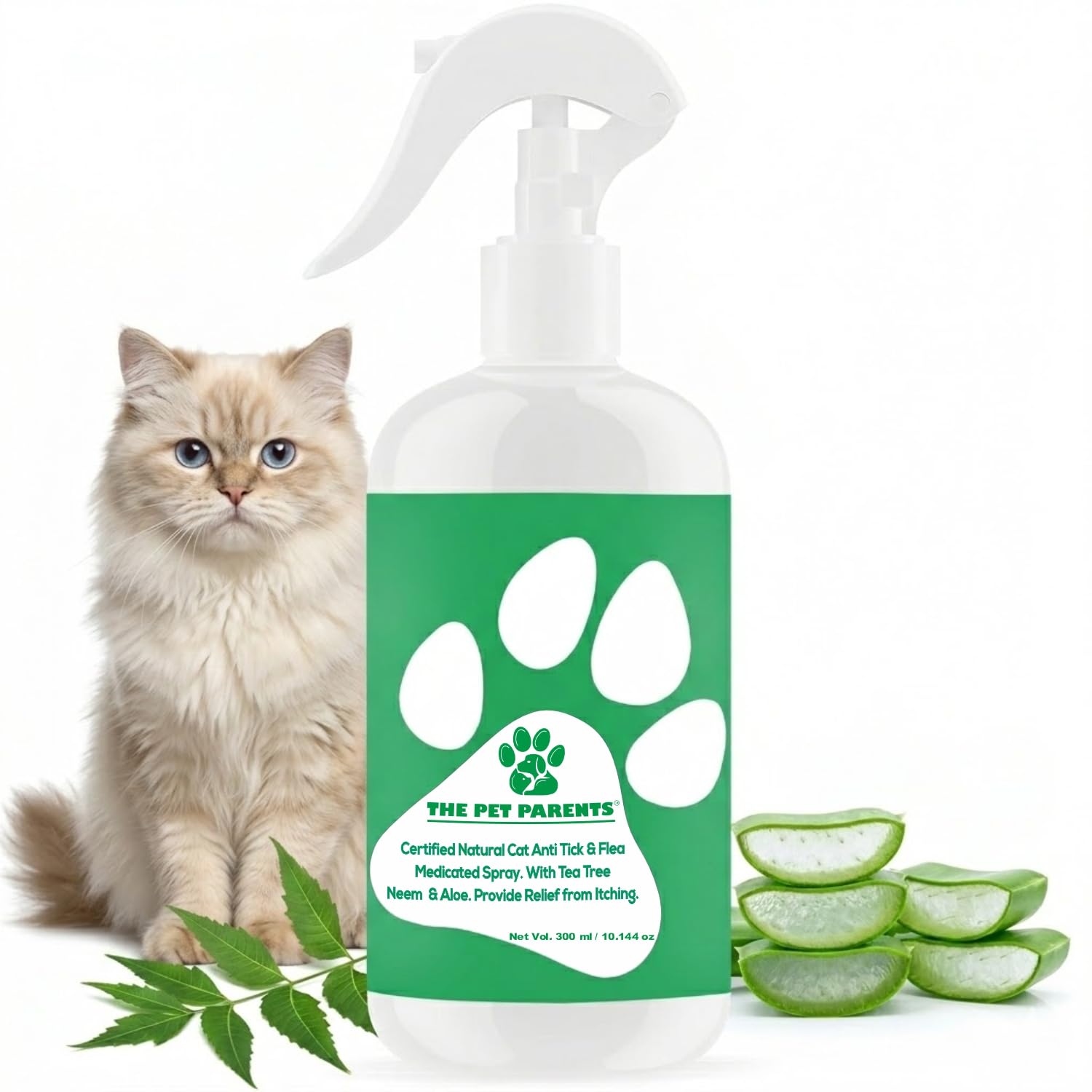 The Pet Parents Natural Anti Tick & Flea Spray for Cats & Kittens 300 ml | Fast Acting, Long Lasting, Gentle on Skin | Neem, Aloe Vera & Botanical Oil Herbal Formula | Complete Ectoparasite Killer