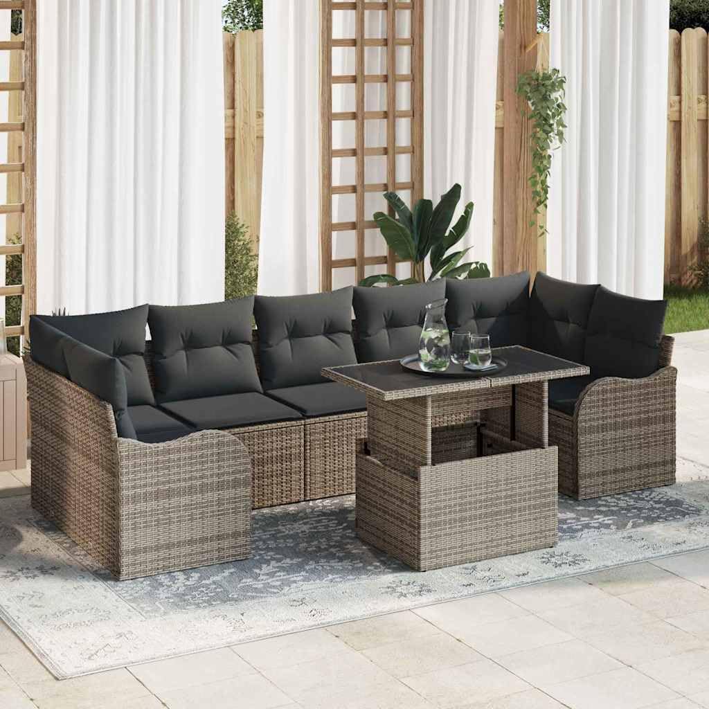 Set Divano da Giardino Modulare 8 Pezzi in Rattan Grigio | Salotto componibile con tavolo in vetro temperato e cuscini sfoderabili per arredare giardino, patio o terrazzo con stile.