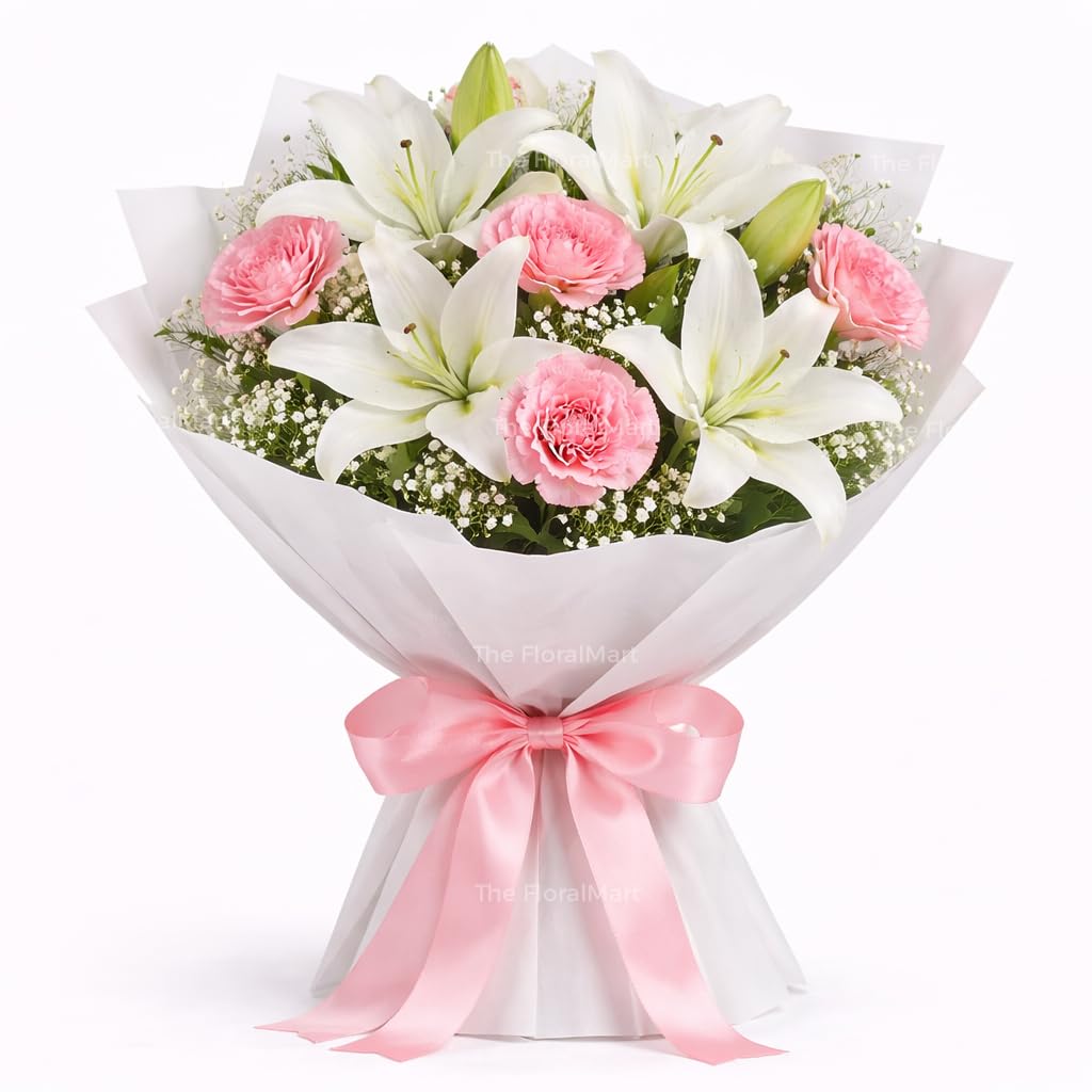 Bunch of 5 Pink Carnations, 5 White Asiatic Lilies Fresh Flowers in White Paper Packing, for Birthday Gift, Anniversary Gift, Wedding Gift, Valentines Day Gift, (Same Day Delivery)