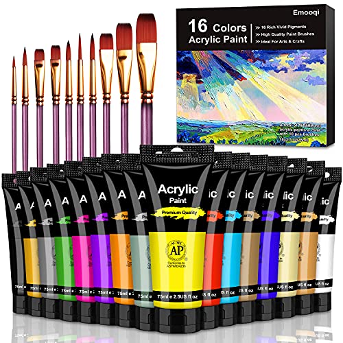 Acrylic Paint Set, Emooqi 26 Set of Premium Acrylic Paint Box Including 16 x 75 ml Acrylic Pigment +10 Brushes - Vibrant Colors Acrylic Paint for Beginners, Professionals and Artists