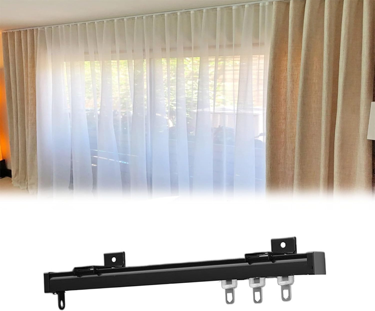 Heavy Duty Aluminium Alloy Curtain Track System with Mute Rollers - Straight Double Silent Ceiling Rail for Smooth Operation and Easy Installation 1m/3ft Noir
