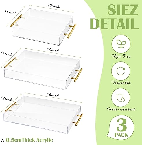 Miniatura 10 de meekoo Bandeja de 3 piezas con asas, bandeja de acrílico para servir a prueba de derrames, bandeja decorativa para mesa de café, encimera,