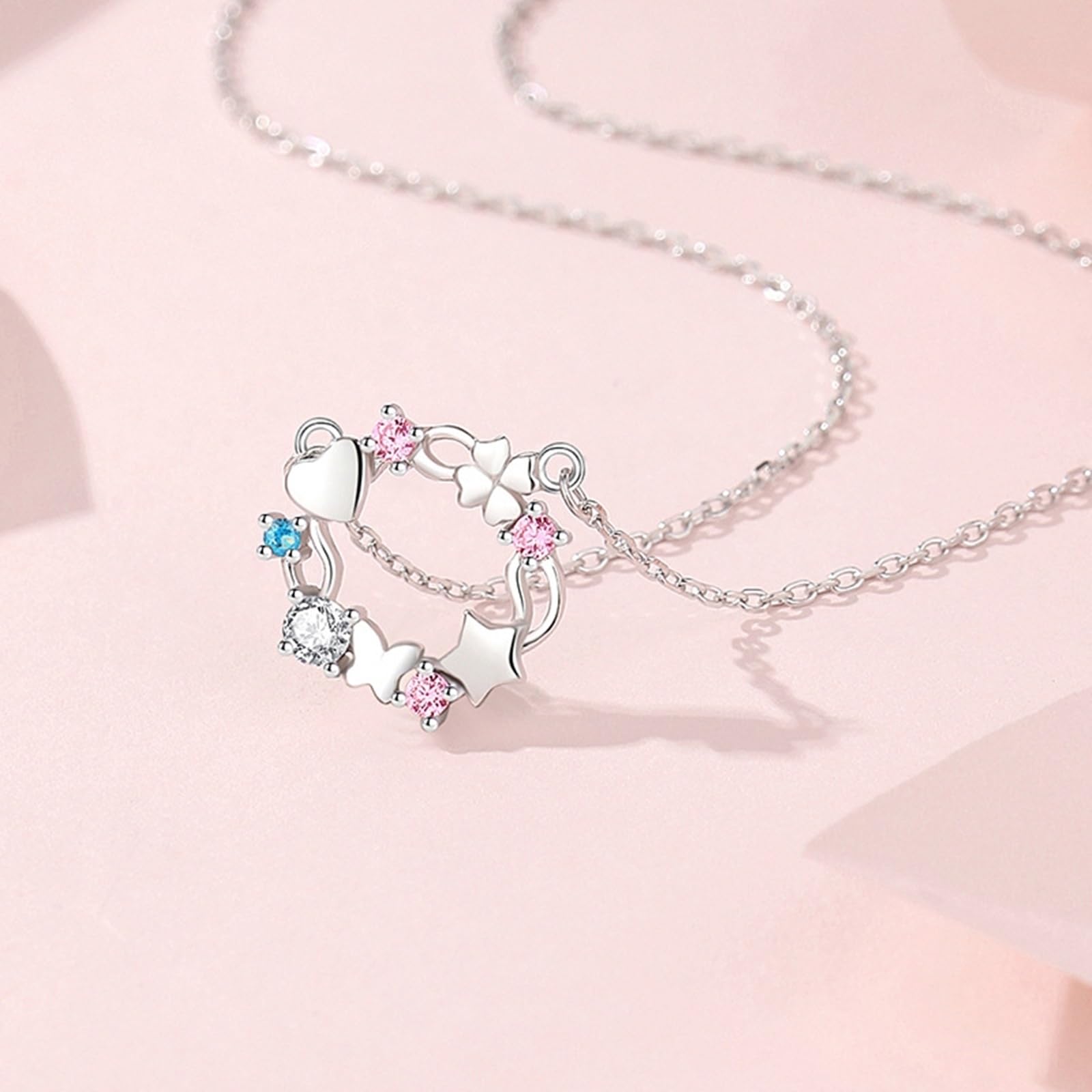 Collar con colgante de corazón para mujer, corona de trébol de mariposa, estrella, corazón, collar delicado para mujer, zafiro creado y topacio moissanita