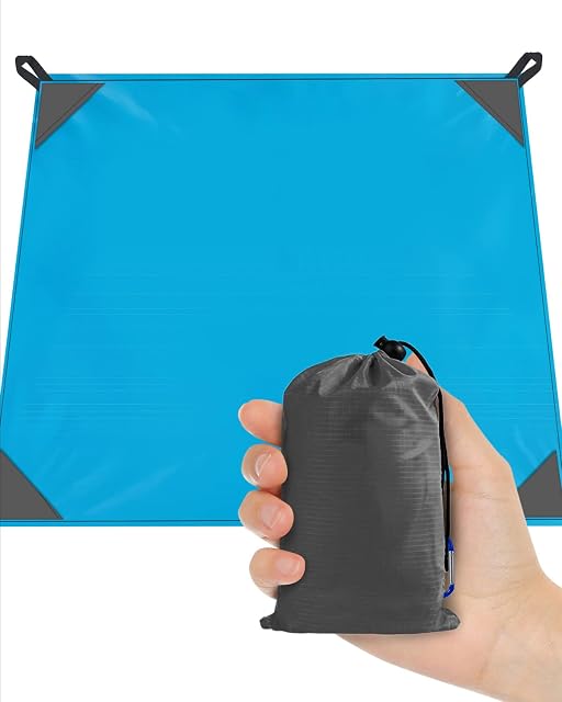 Mini Pocket Picnic Blanket Beach Blanket Durable Lightweight Waterproof Picnic Beach Mat with 4 Pockets 4 Fixed Nails, Reinforced Edging for Beach, Camping, Hiking and Grass Trips150*145CM