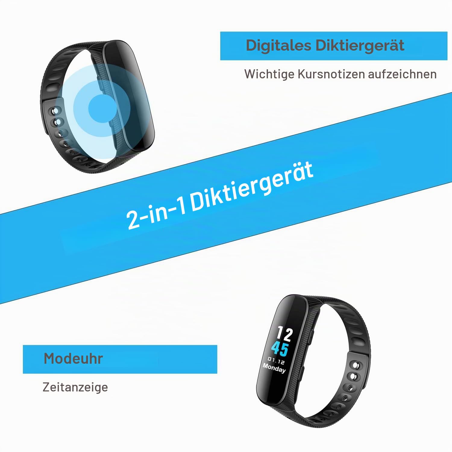 Sprachrecorder Armband 16 GB Professioneller Sprachrecorder mit Sprachaktivierung und MP3-Player Uhr mit Sprachaufzeichnung, wiederaufladbar, USB für Besprechungen, Interviews, Unterricht