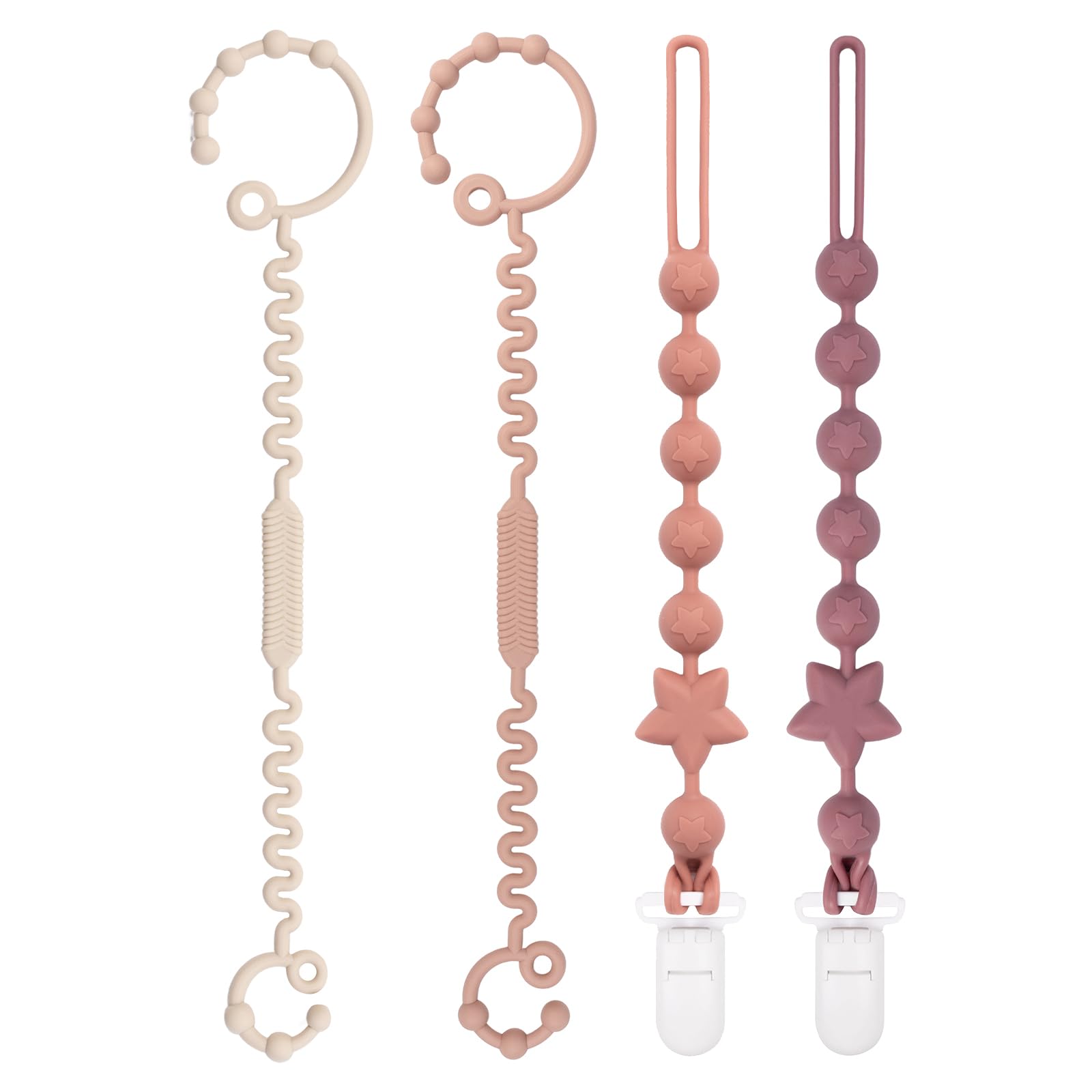 Babygoal Silicone Pacifier Clips 4 Pack,2pcs Pacifier Holder Clip with 2pcs Toy Strap Chain for Baby Boy Girl Fits All Pacifier,Binky,Teething Toys,Highchairs,Car Seat,Strollers-Neutral Color