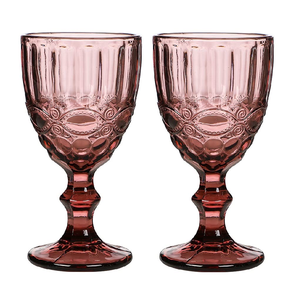 Dibor Wine Glass Set of 2 Pink Baroque Embossed 300ml Drink Goblets Alfresco Dining Glassware — image 1