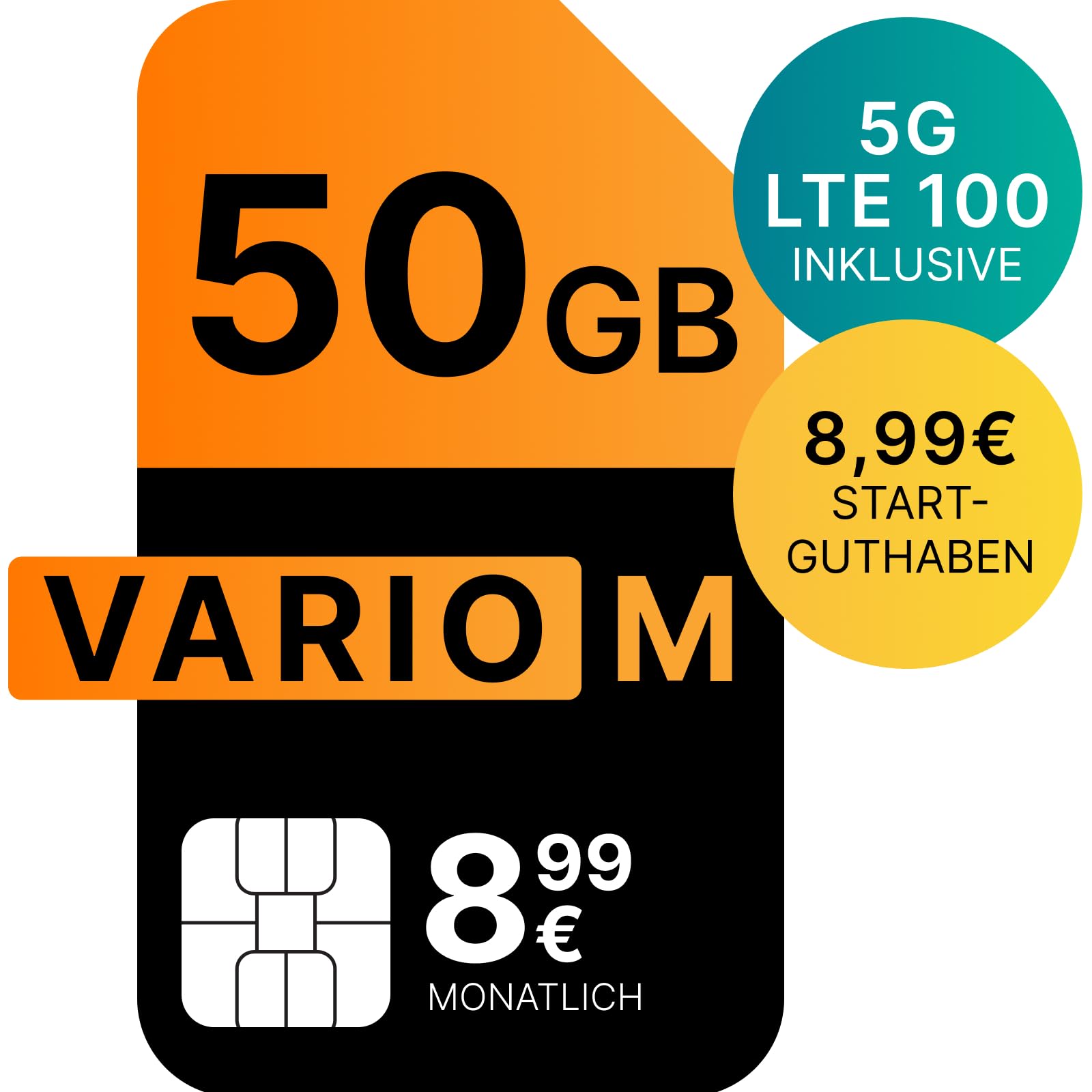 Vario M | 50 GB | 8,99 EUR/Mon. | Startguthaben 8,99 EUR | LTE 100 im Vodafone 5G-Netz | Telefon- SMS-Flat | EU-Roaming | 24 Mon. Laufzeit (Versand per E-Mail)