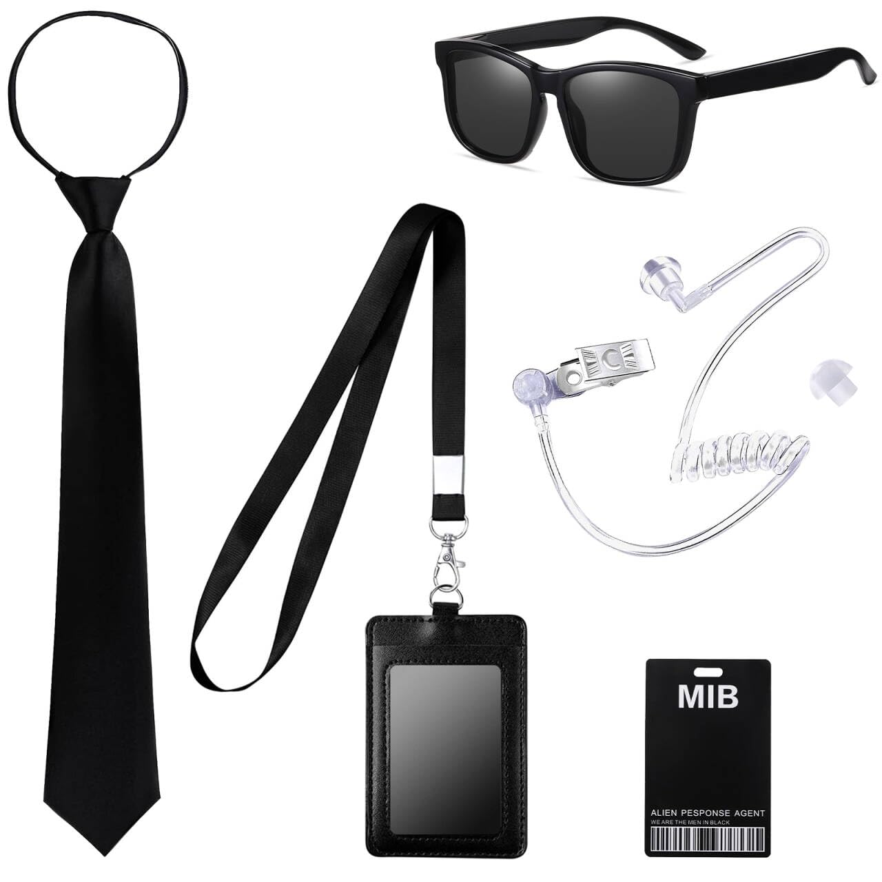 FUKPO Kit Déguisement Men In Black – 6 Accessoires Agent Secret : Lunettes, Cravate, Badge, écouteur, Porte-cartes – Enfant Et Adulte – Cosplay, Fête, Halloween