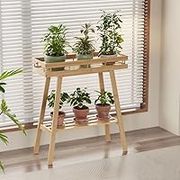 Vista 7 de BAMBANG Soporte de bambú para plantas de interior, mesa pequeña de 2 niveles, soporte alto para plantas de interior, estante para plantas