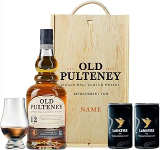 Personalised Old Pulteney 70cl Single Malt Whisky Gift Set 46 ABV Presented in a Wooden Box with Glencairn Glass 2 x Larkfire Water Premium Whisky Gift for Him Birthdays Special Occasions