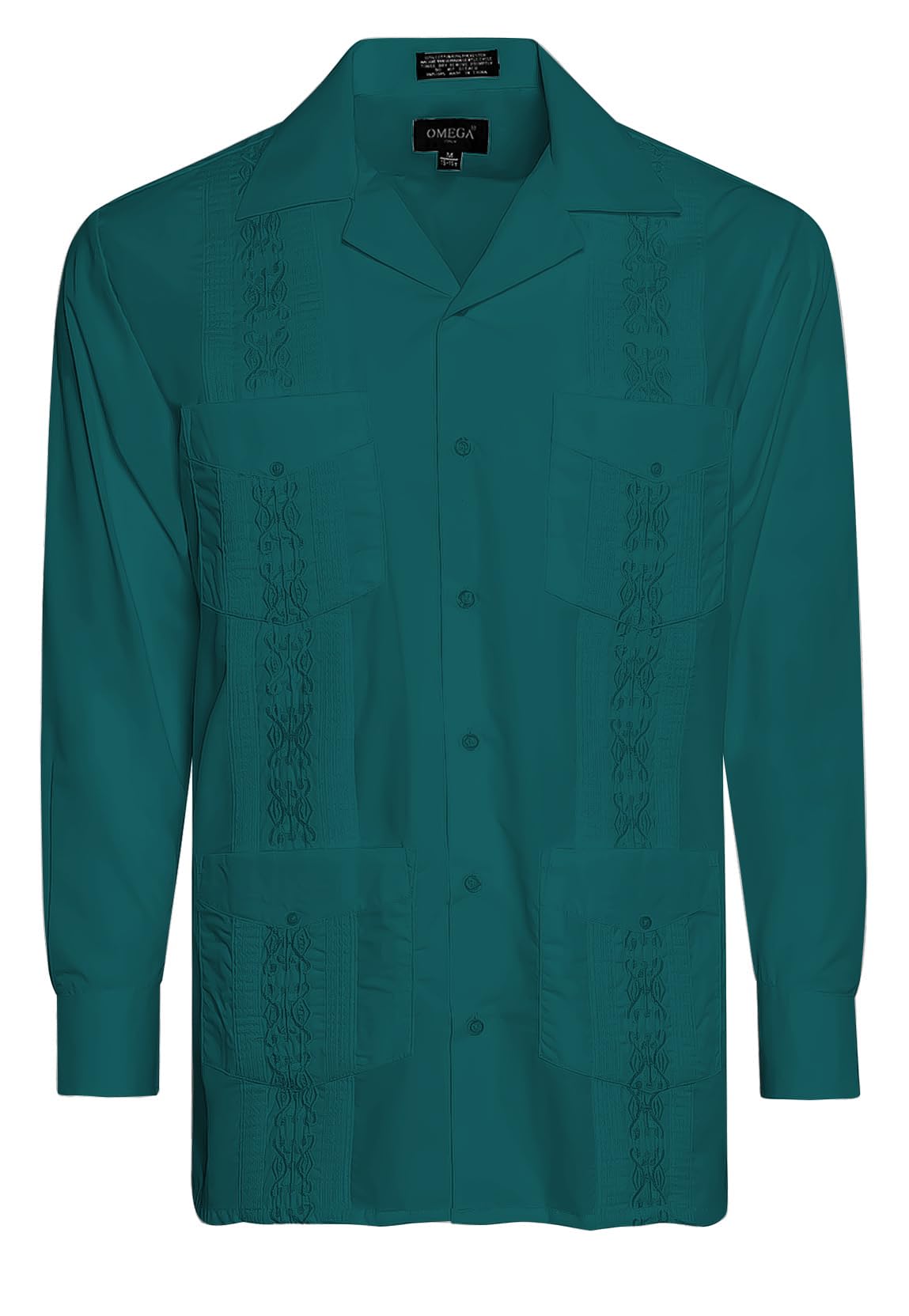 Omegatux Men's Teal Cuban Guayabera Long Sleeve Shirts Wedding Cigar Beach Bartender Casual, Xl