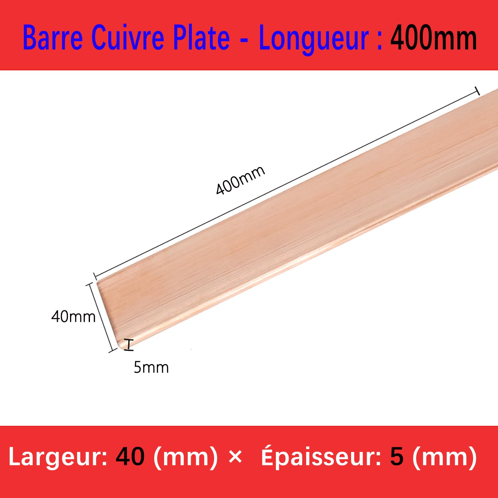 Flache Kupferplatte, 5 mm x 40 mm x 400 mm, 1 Stück T2 reines Kupfer, flach, Kupferblech, flache Metallstange, 5 mm dick, 40 mm breit