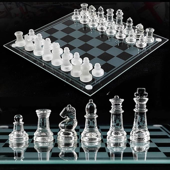 ark future Frosted Glass Chess Set, Solid Crystal Chess Pieces with Padded Bottom, Durable Board for Adults, International Glass Chess Game (20 x 20cm)