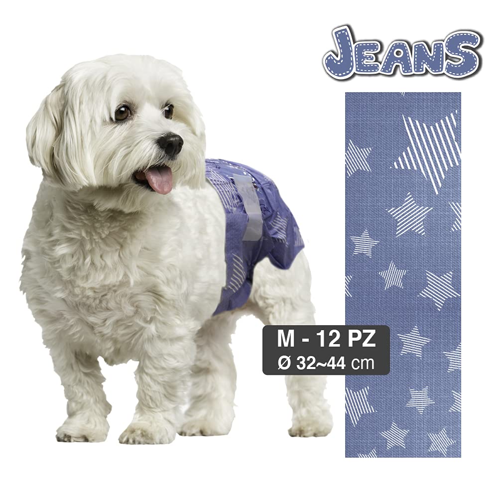 Croci Dog Nappy Jeans - Mutanda Assorbente per cani femmine, taglia M - Ø 32-44 cm, Pannolino igienico ciclo e pipi cane, Antiodore, Usa e getta, Chiusura adesiva regolabile, 12 pz