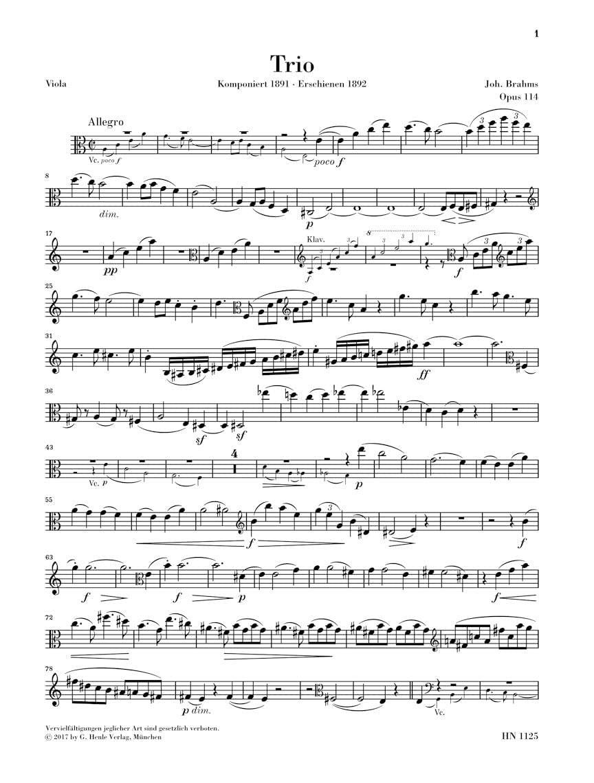 Klarinettentrio a-moll op. 114 für Klavier, Klarinette (Viola) und Violoncello; revidierte Ausgabe: Klarinette (Viola), Violoncello und Klavier