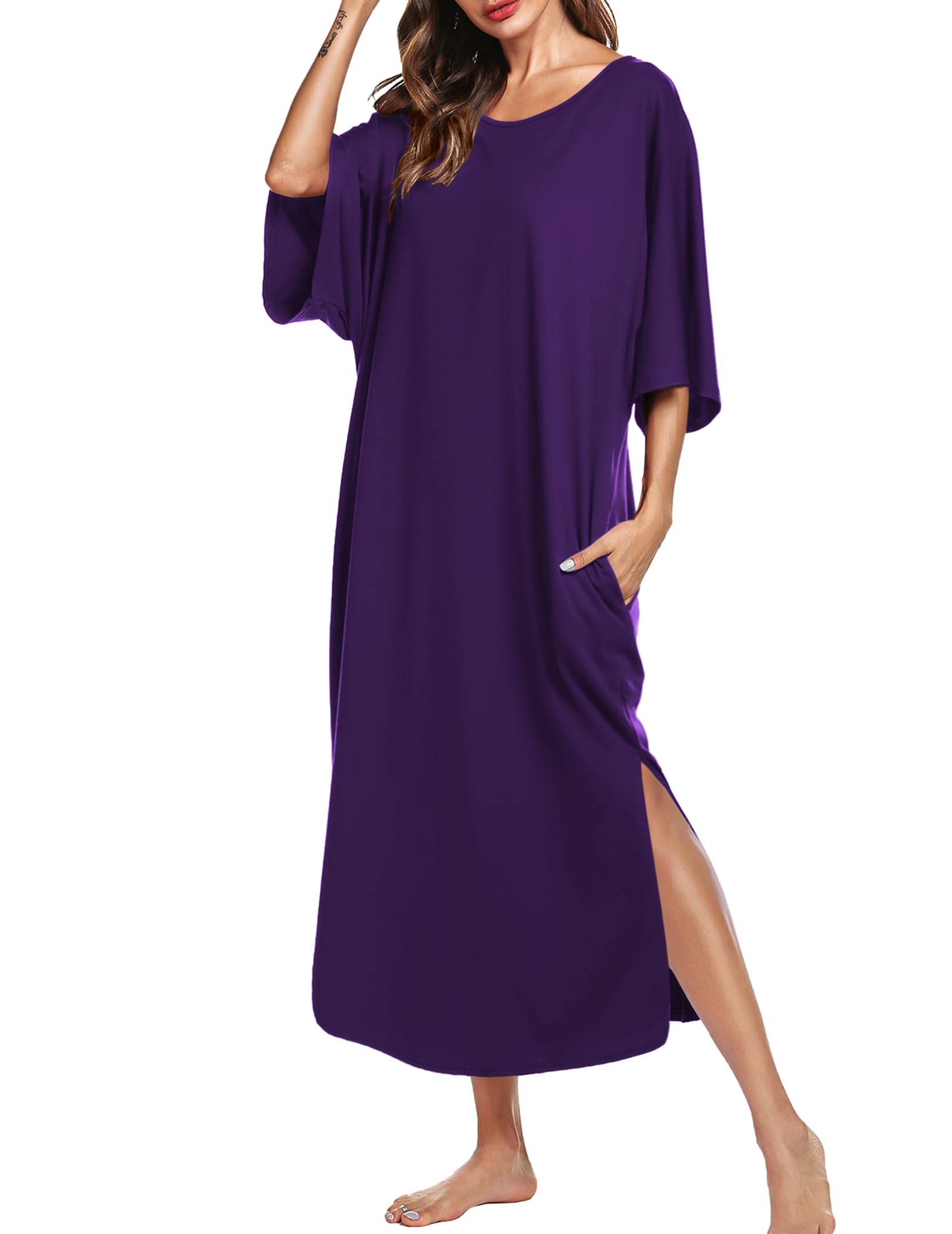 Ekouaer Long Nightgowns for Women Short Sleeve Night Gowns with Pockets | Casual Maxi Lounge Dress, Round Neck Sleep Dress, Plus Size House Dress, Side Split Sleepshirts for Lounging, Home, Party