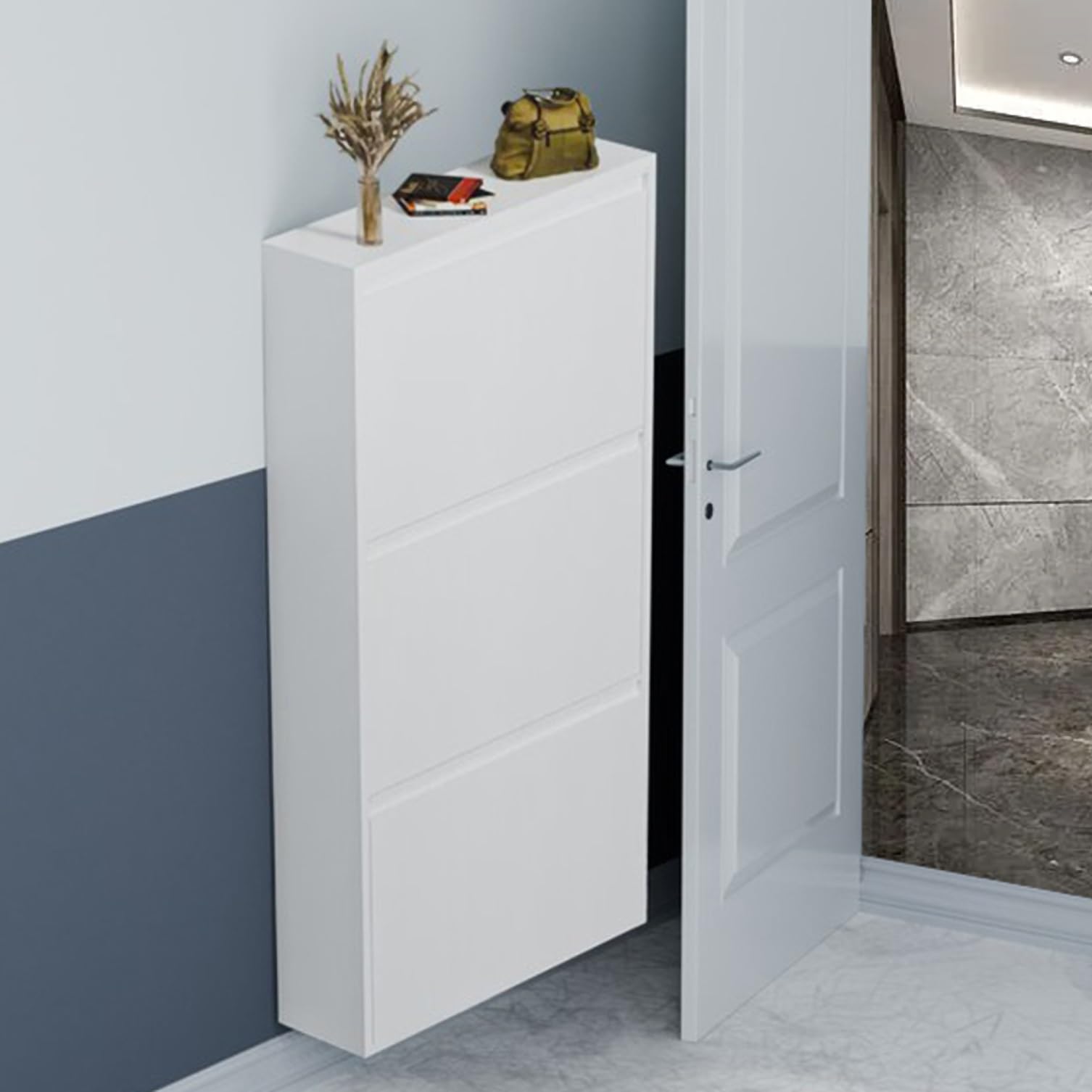 Meuble à Chaussures Mural étroit Avec 3 Tiroirs Rabattables - Blanc - Pour Couloir, Entrée - Design Peu Encombrant
