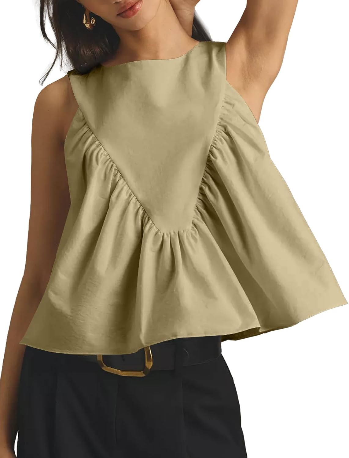 Shiyifa Womens Peplum Babydoll Tops Shirred Swing Tank Tops Pleated Flowy Loose Fit Ruffled Vests