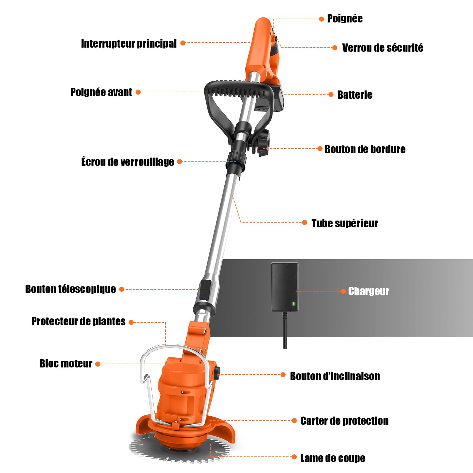 Coupe Bordure sans Fil avec Batterie Pliable 60cm, Debroussailleuse Electrique 2 Batterie 21V, Manche Télescopique 105-130cm et 26 Lames pour Entretien de Pelouse et Finitions de Jardin (Orange Foncé)
